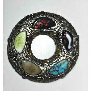 Vintage Scottish Celtic Shield Agate Turquoise Brooch Round Pin Pendant 33g